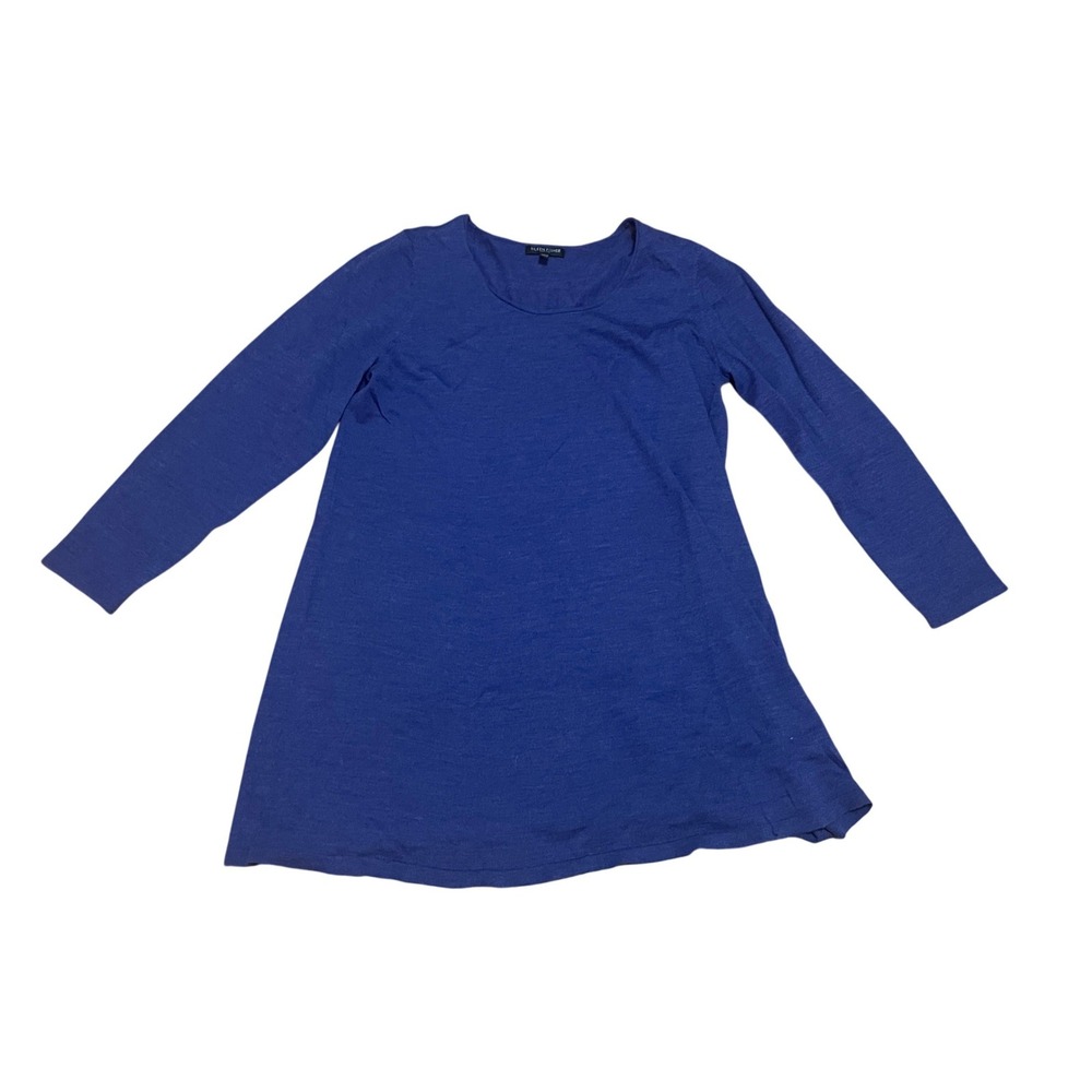 Eileen Fisher Petite Lg Purple Blue Merino Wool Scoop Neck A-Line Tunic Sweater
